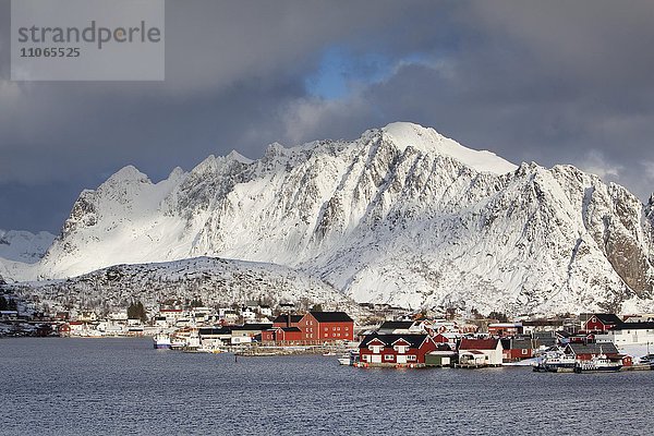 Rote Häuser vor schneebedeckten Bergeb  Bucht von im Winter  Reine  Lofoten  Norwegen  Europa