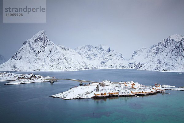 Kleine Insel Sakrisoya im Winter mit verschneiten Bergen  Sakrisoya  Lofoten  Norwegen  Europa