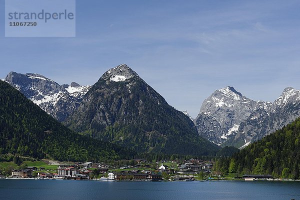 Blick auf Pertisau am Achensee  hinten Karwendelgebirge mit Tristenkopf und Bettkarspitze  Tirol  Österreich  Europa