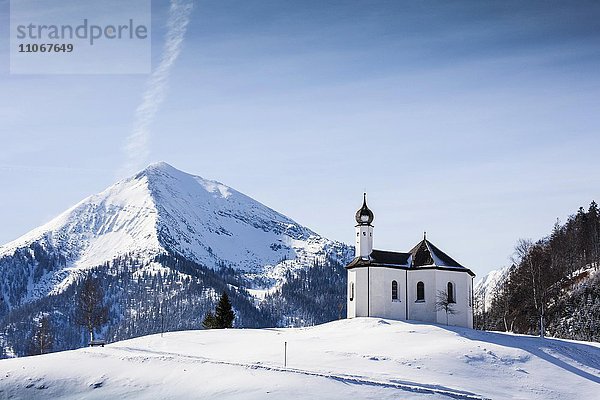 Annakircherl  Kapelle im Winter  hinten das Rofangebirge mit Berg Seekarspitze  Achenkirch  Tirol  Österreich  Europa