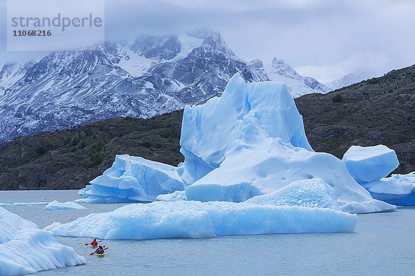 Kayakers auf dem See  See Lago Grey  Eisberge  Nationalpark Torres del Paine  patagonischen Anden  Patagonien  Chile  Südamerika