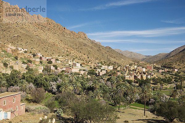 Die Dörfer im Tal der Ammeln liegen an den unteren Hängen des Jebel El Kest  Antiatlas  Marokko  Afrika