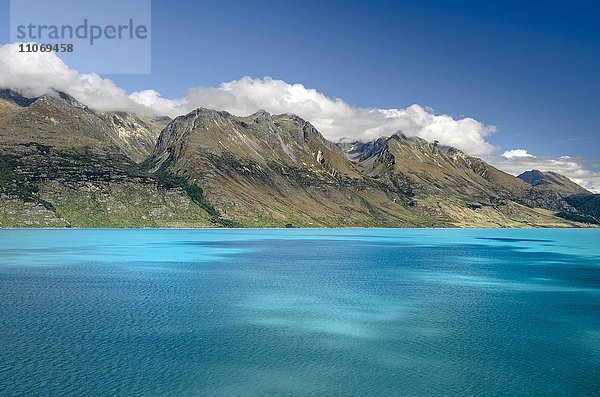 Türkiser See  Lake Wakatipu  hinten Bergpanorama Remarkables Otago  nahe Queenstown  Südprovinz  Neuseeland  Ozeanien