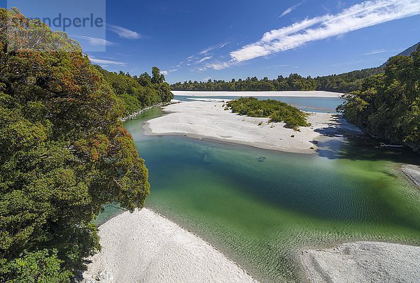 Grüner Arawhata River mit kiesigem breitem Flussbett  am Ufer dichter grüner Urwald  Mount Aspiring Nationalpark  Westcoast  Südinsel  Neuseeland  Ozeanien