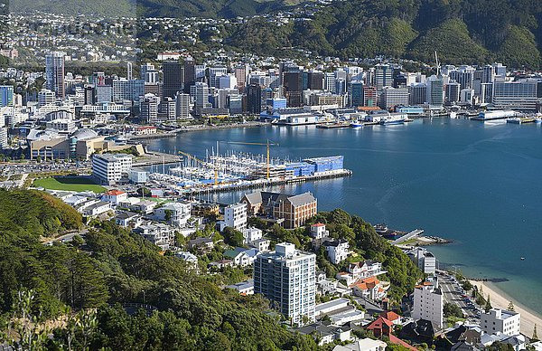 Stadtansicht  Ausblick vom Mt. Viktoria auf Hochhäuser im Citycenter und Hafen von Wellington  Nordinsel  Neuseeland  Ozeanien