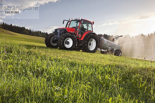 Traktor mit Güllefass düngt ein Feld  Breitenbach  Inntal  Tirol  Österreich  Europa