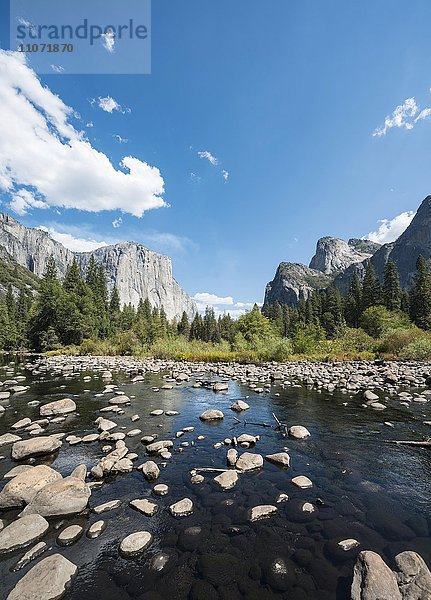 Valley View mit Ausblick zum El Capitan mit Fluss Merced river  Yosemite Nationalpark  Kalifornien  USA  Nordamerika