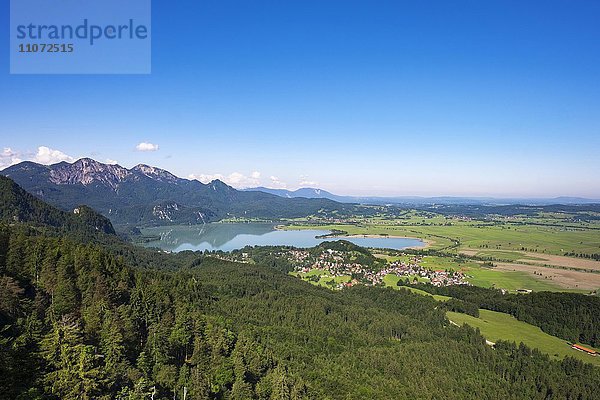 Ausblick vom Zwiesel Schrofen auf Kochelsee und Kochel am See  hinten Herzogstand  Oberbayern  Bayern  Deutschland  Europa