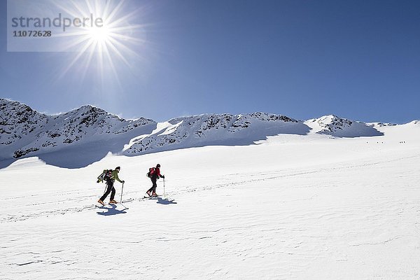 Skitourengeher beim Aufstieg auf die Cima Marmotta im Martelltal  hinten der Gipfel der Cima Marmotta  links die Veneziaspitzen  Köllkuppe  Ortlergruppe  Ortlergebiet  Nationalpark Stilfser Joch  Martell  Vinschgau  Südtirol  Trentino-Südtirol  Italien  Europa