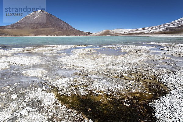 Laguna verde mit Ablagerungen von Borax am Ufer und Schnee auf den Bergen  bei Uyuni  Altiplano  Grenze Bolivien  Chile  Südamerika