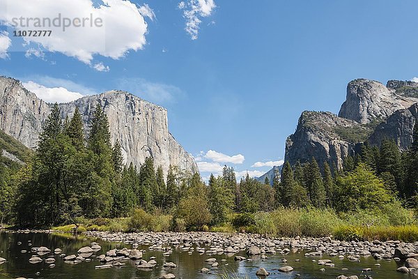 Valley view mit Blick zum El Capitan mit Fluss Merced river  Yosemite-Nationalpark  Kalifornien  USA  Nordamerika