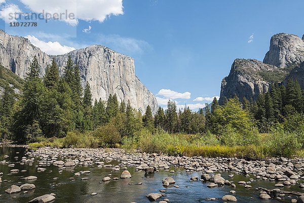 Valley view mit Blick zum El Capitan mit Fluss Merced river  Yosemite-Nationalpark  Kalifornien  USA  Nordamerika