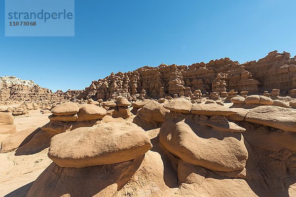 Erodierte Hoodoos  Felsformation aus Entrada-Sandstein  Goblin Valley State Park  San Rafael Reef Wüste  Utah  Südwesten  USA  Nordamerika