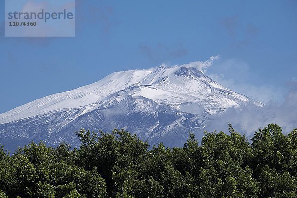 Vulkan Ätna  schneebedeckt  gesehen vom Park der Villa Bellini  Metropolitanstadt Catania  Sizilien  Italien  Europa