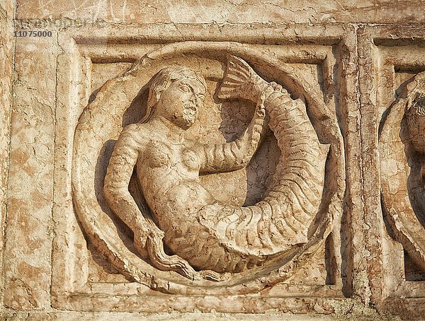 Mittelalterliches Relief einer mythischen Meerjungfrau auf der Außenwand des romanischen Baptisterium  Parma  Emilia Romagna  Italien  Europa