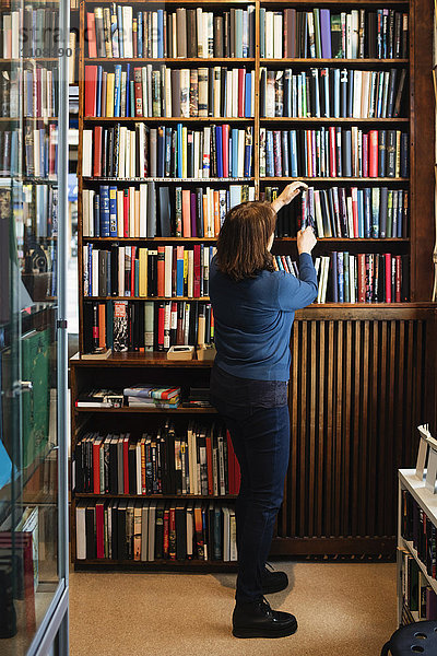 Rückansicht der Bibliothekarin  die Bücher im Regal lagert