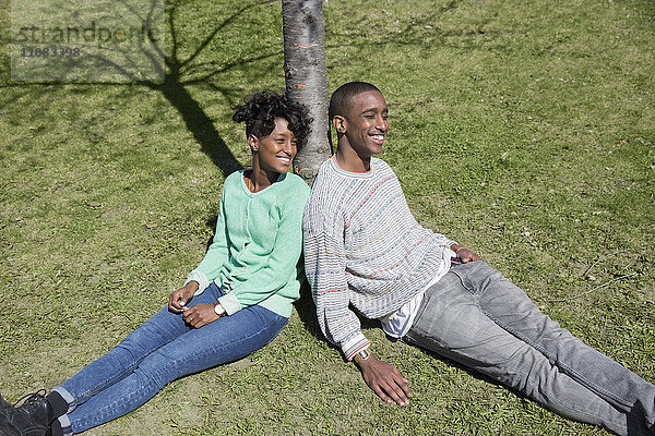 Glückliches junges Paar sitzt unter einem Baum  Stockholm  Schweden