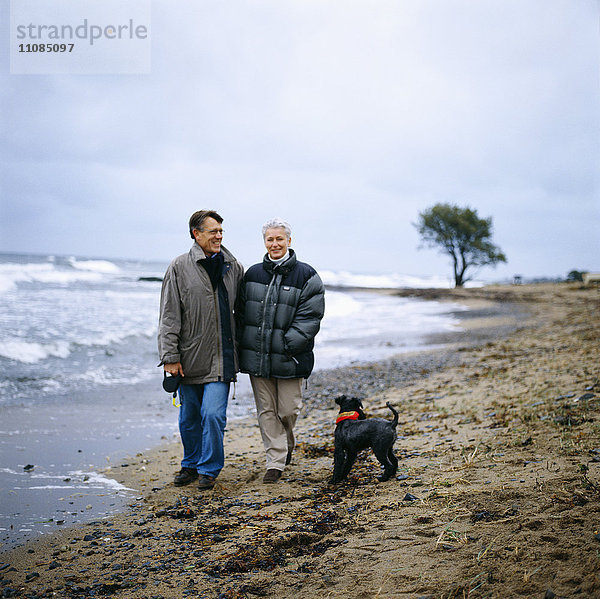 Ehepaar mittleren Alters geht am Strand spazieren  Schweden.