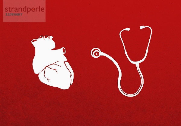 Menschliches Herz und Stethoskop vor rotem Hintergrund