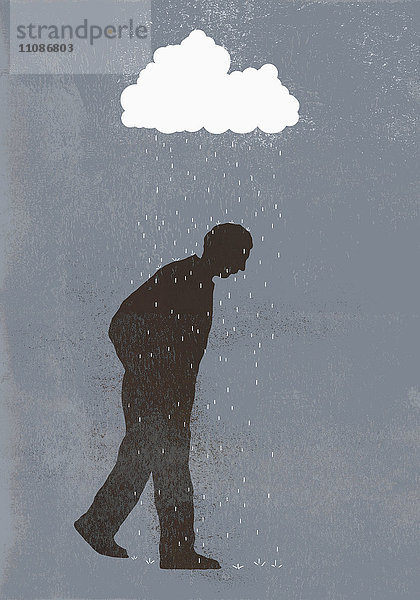 Regen über traurigem Mann vor grauem Hintergrund