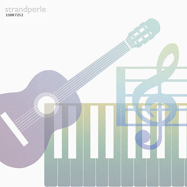 Digitales Kompositbild von bunten Gitarren- und Klaviertasten mit Violinschlüssel vor weißem Hintergrund