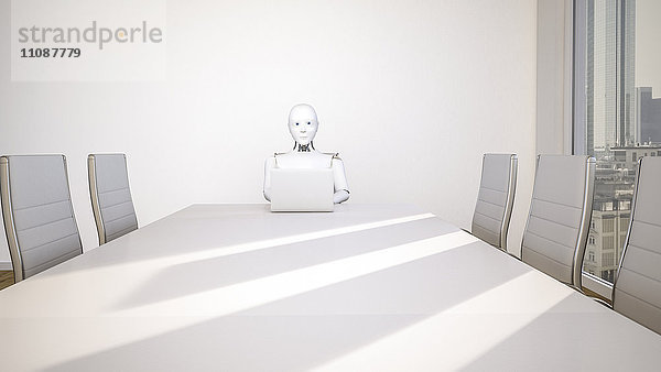 Roboter im Büro  mit Laptop  3D Rendering