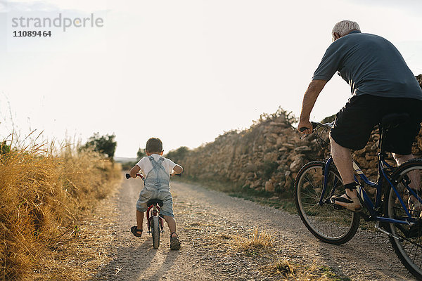 Rückansicht des kleinen Jungen und seines Urgroßvaters auf der Fahrradtour