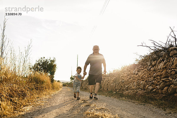 Der kleine Junge und sein Urgroßvater laufen im Gegenlicht auf einem Feldweg.