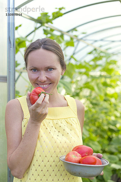 Porträt einer glücklichen Frau mit einer Schale geernteter Tomaten vor dem Gewächshaus
