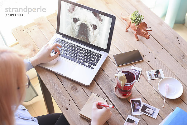 Frau betrachtet Foto des Hundes auf Laptop