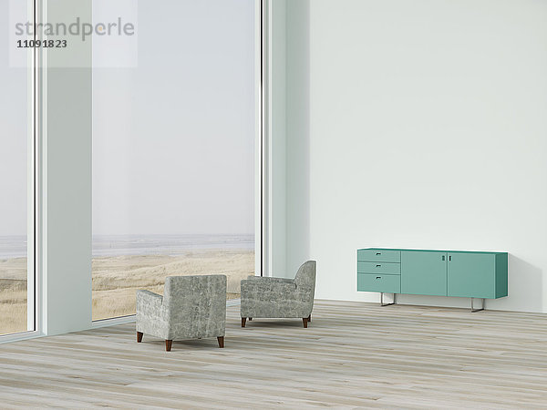 Lounge mit Sesseln und Sideboard mit Blick auf den Strand  3D Rendering