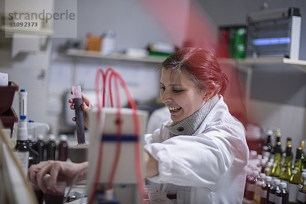 Lächelnde Frau bei der Arbeit im Labor