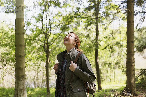 Lächelnde Frau beim Wandern mit Blick auf Bäume in sonnigen Wäldern