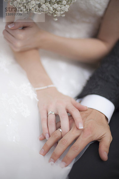 Mittelschnittansicht eines Brautpaares  das seinen Ehering zeigt
