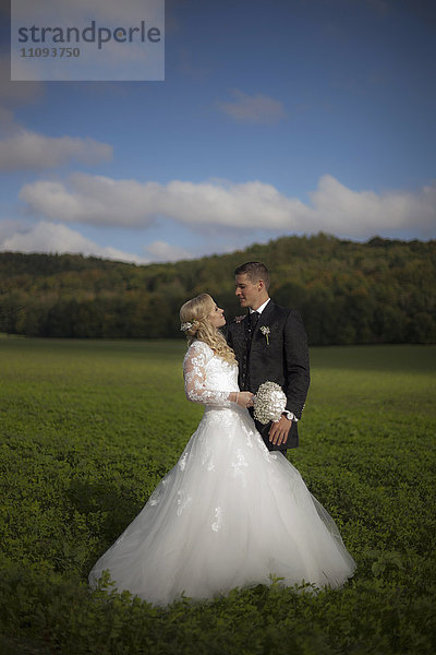 Braut und Bräutigam machen Romantik im Feld