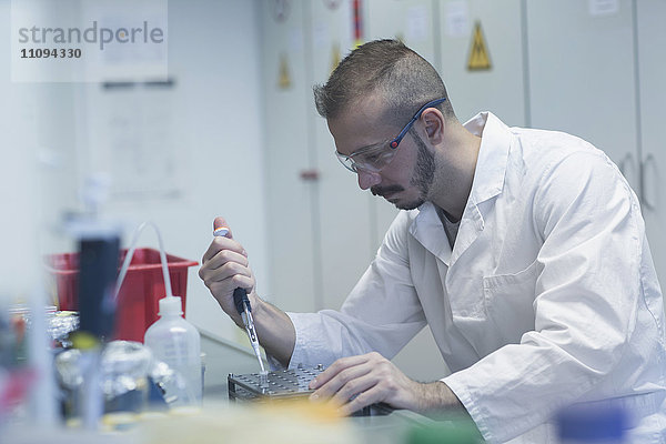 Wissenschaftler pipettiert Probe in Reagenzglas