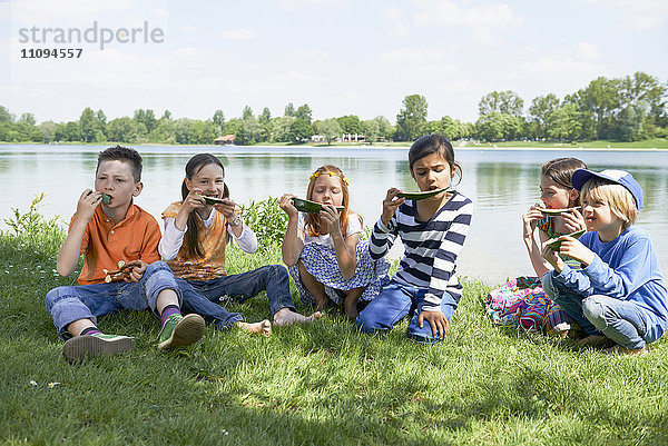 Kinder genießen Scheiben von Wassermelonen beim Picknick  München  Bayern  Deutschland