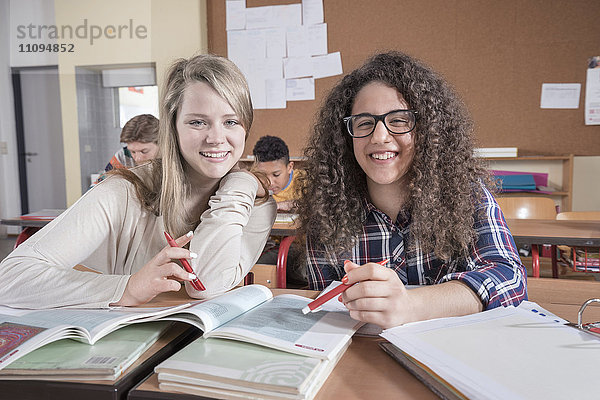 Universitätsstudenten beim Lernen und Lächeln im Klassenzimmer  Bayern  Deutschland