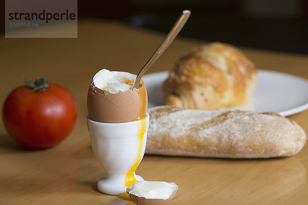 Halbgekochtes Ei auf Eierbecher  Freiburg im Breisgau  Baden-Württemberg  Deutschland