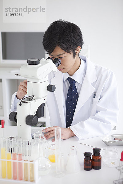 Junger männlicher Wissenschaftler mit Mikroskop im Labor