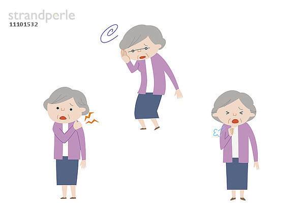 Illustration einer älteren Frau mit Rückenschmerzen  Schwindelgefühl und Husten