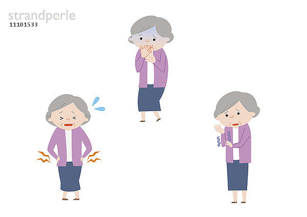 Illustration einer älteren Frau mit Rückenschmerzen  Übelkeit und Lähmung im Arm
