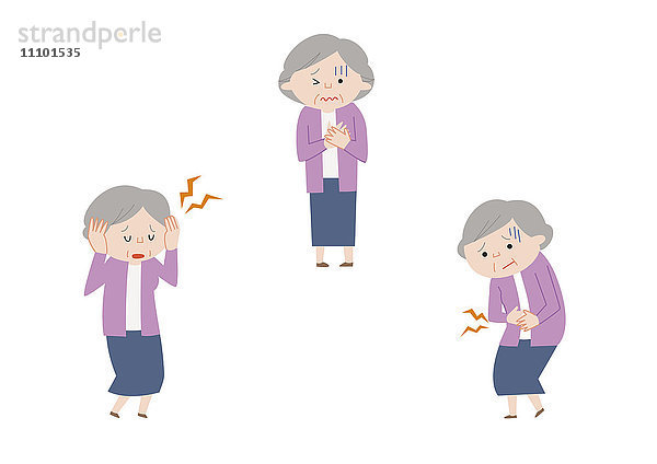 Illustration einer älteren Frau mit Kopfschmerzen  Brustschmerzen und Krämpfen