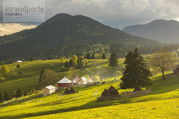 Bauernhof und Heuhaufen in der ländlichen Landschaft Siebenbürgens bei Sonnenuntergang  Piatra Fantanele  Siebenbürgen  Rumänien  Europa