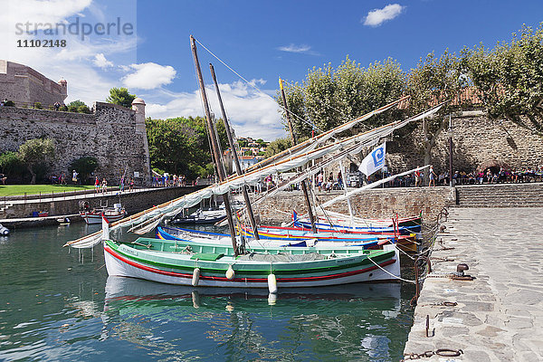 Traditionelle Fischerboote im Hafen  Festung Chateau Royal  Collioure  Pyrenees-Orientales  Languedoc-Roussillon  Frankreich  Europa