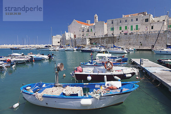 Fischerboote am Hafen  Altstadt mit Kathedrale  Giovinazzo  Bezirk Bari  Apulien  Italien  Europa