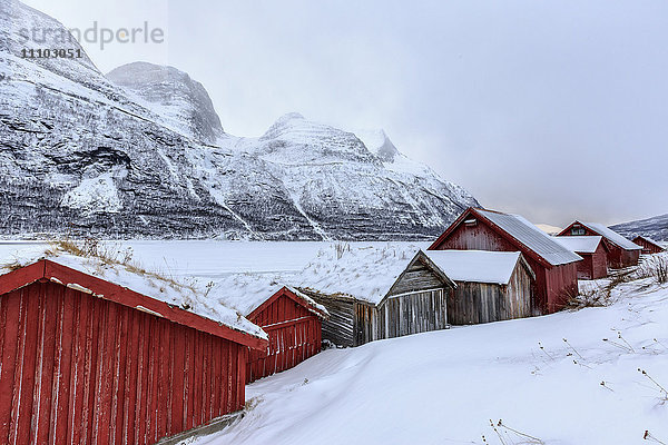Typische Holzhütten in der verschneiten Landschaft von Lyngseidet  Lyngen Alps  Troms Lapland  Norwegen  Skandinavien  Europa