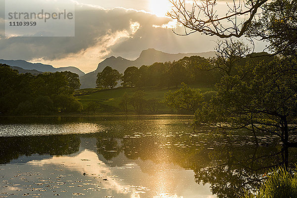 Sonnenuntergang am Loughrigg Tarn in der Nähe von Ambleside  Lake District National Park  Cumbria  England  Vereinigtes Königreich  Europa