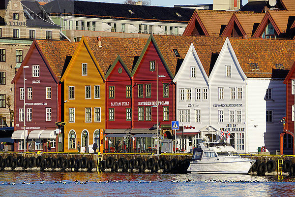 Traditionelle hanseatische Kaufmannsgebäude der Bryggen  UNESCO-Weltkulturerbe  im Hafen  Bergen  Hordaland  Norwegen  Skandinavien  Europa
