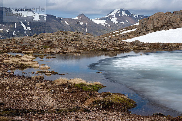 Eisschmelze auf einem Bergpass  Strandir  Westfjorde  Island  Polarregionen